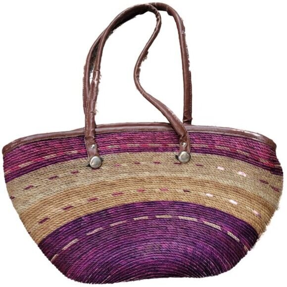 Unbranded Handbags - Straw Woven Purple Striped Bag